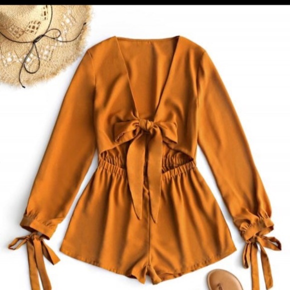 Zaful Pants - ZAFUL ROMPER SHORTS PLUNGING NECK BOW KNOT CUTOUT